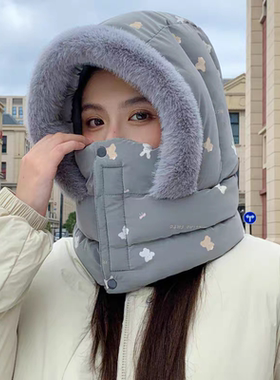 东北哈尔滨旅游防寒帽滑雪加绒夹棉保暖帽子女冬天护耳围脖一体帽