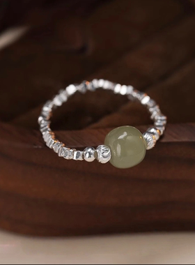 绿色圆珠碎银子戒指女