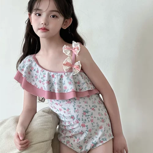 208儿童泳衣夏季新款女童吊带连体速干A类荷叶边撞色碎花韩系泳装