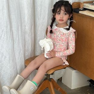 儿童春夏 甜美女童游泳衣新款 碎花女童公主长袖 洋气蕾丝泳衣韩版