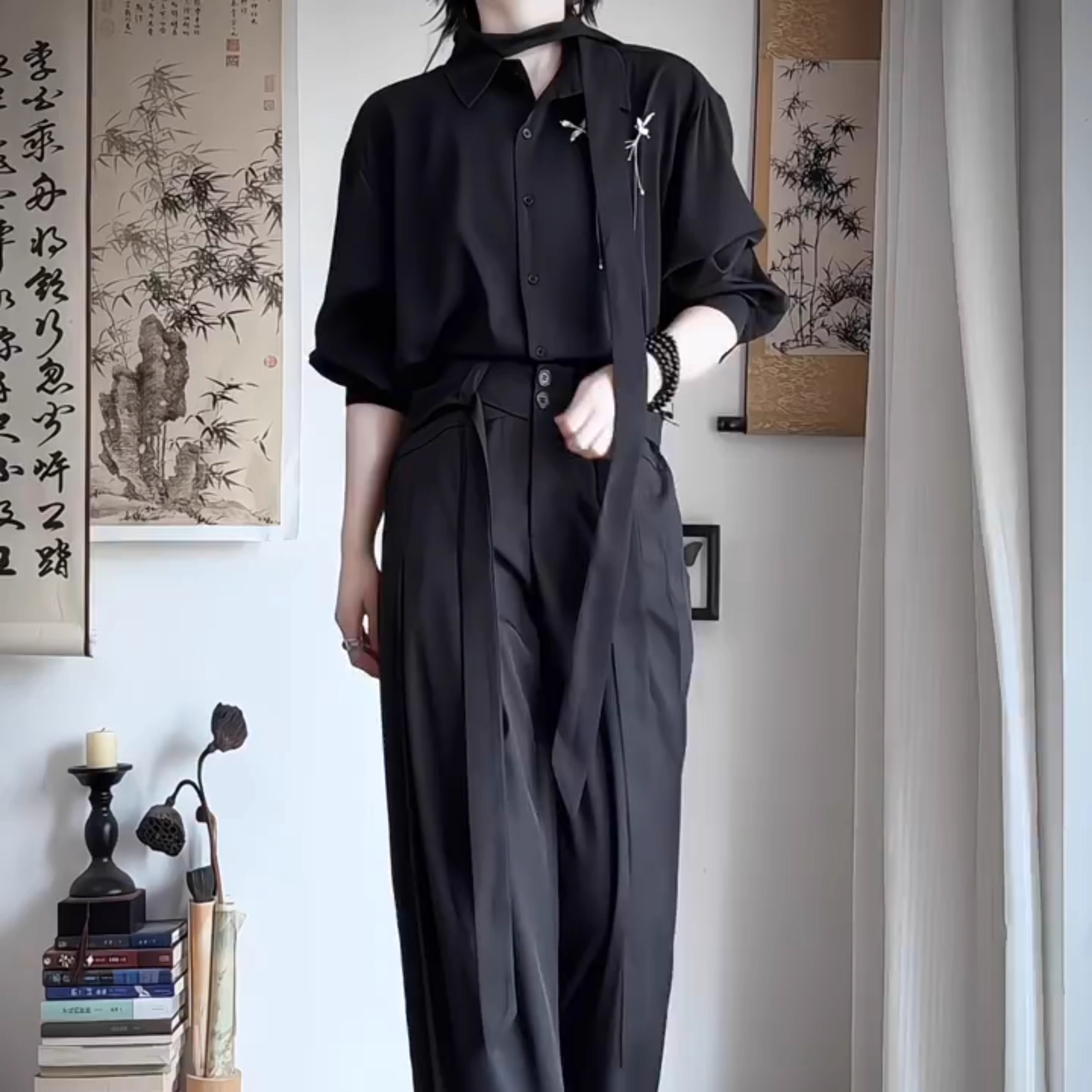 2025山本耀司风中性黑色垂坠套装