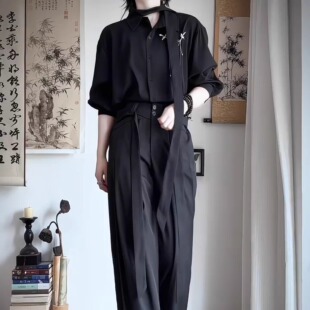 202春季山本风小众中性高级飘带垂坠感黑色上衣衬衫长裤西裤套装