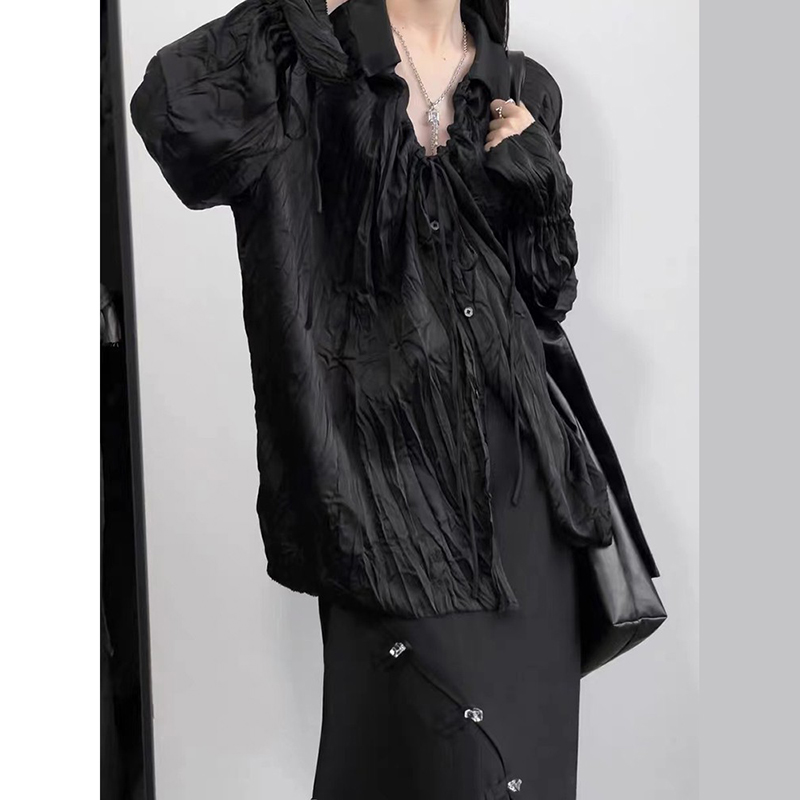 长袖棉衬衫褶皱冷淡风宽松单排扣