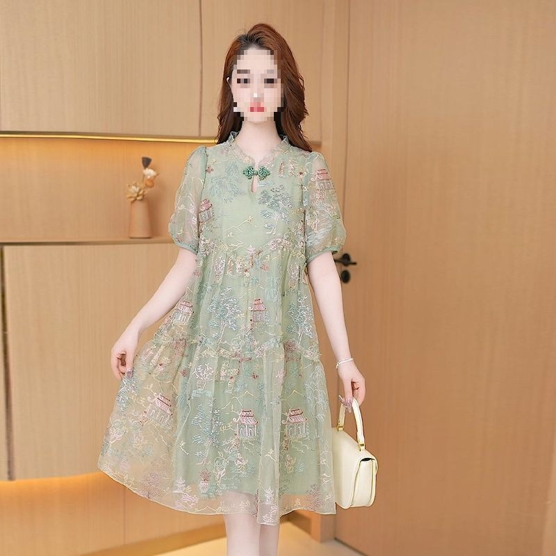 新中式年夏季中国风连衣裙短袖时尚减龄高腰显瘦宽松大码女装