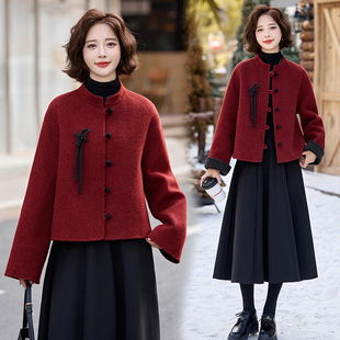 双面羊绒大衣短款喜庆2024冬季黑红新中式双面呢子毛呢外套短上衣