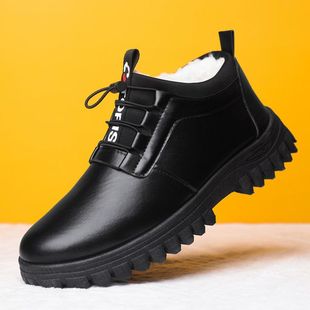 男鞋新款休闲流行男款加厚防水皮面加绒靴冬款雪地中老年爸爸皮靴