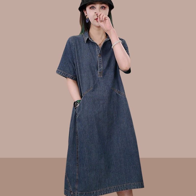 夏天薄款衬衫牛仔连衣裙2026年夏季新款女装短袖休闲大码遮肚裙子