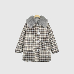 时尚格纹两面穿毛毛领棉服女2026冬季新款中长款宽松加厚保暖外套
