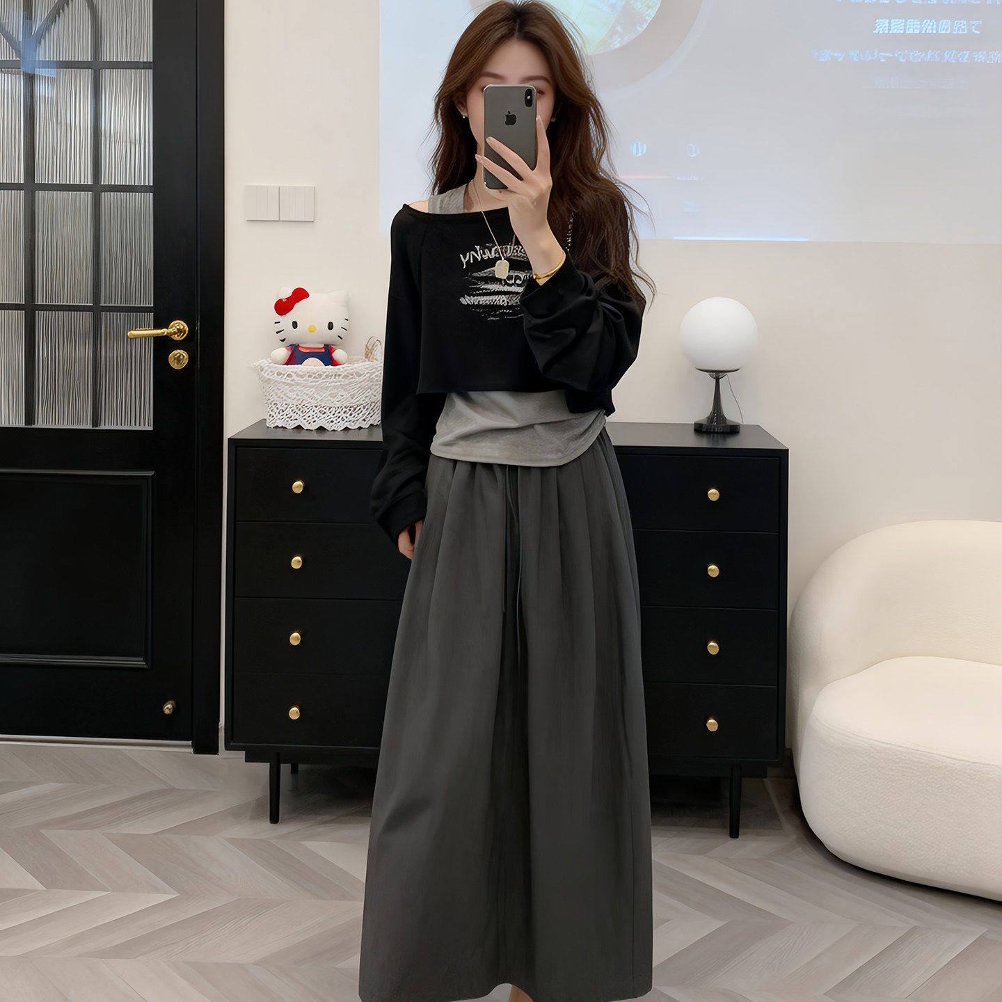 韩版时尚套装搭配一整套女斜肩字母印花卫衣背心高腰系带半身裙潮