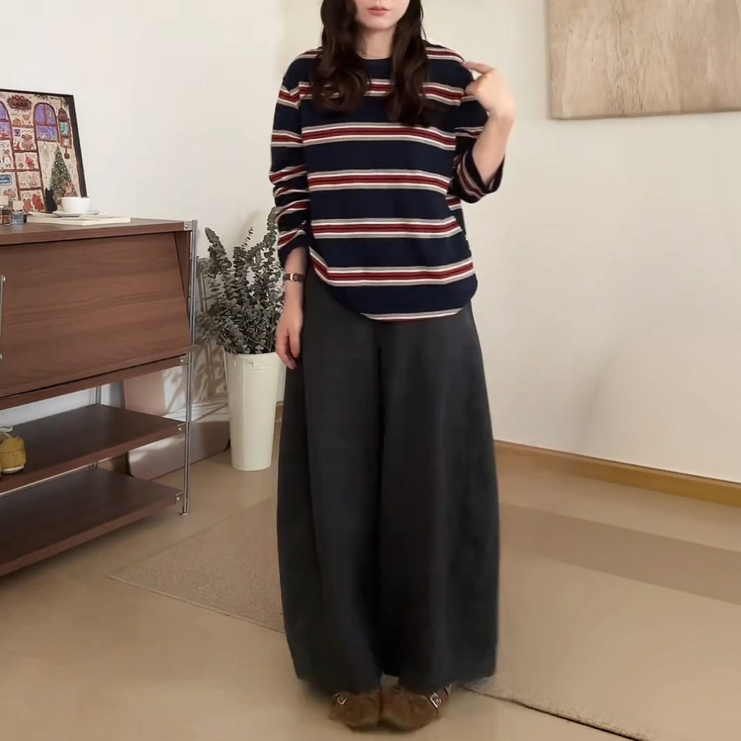 慵懒两件套2026春秋季女装圆领条纹长袖搭配阔腿长裤质感绝美套装