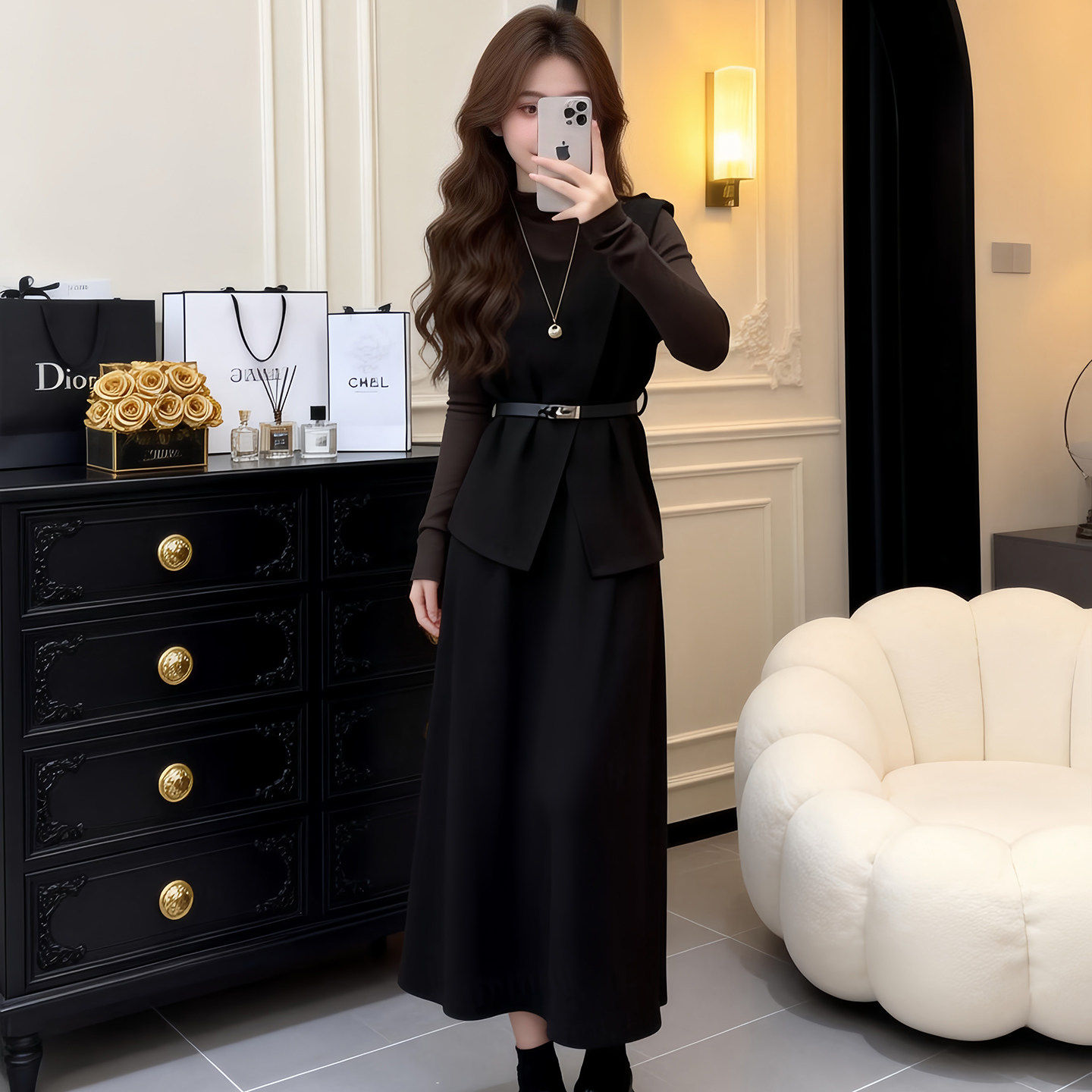 时尚高级感套装女2026春秋新款气质不规则马甲打底衫半身裙三件套