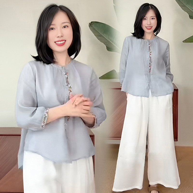 2026夏季新款苎麻衬衫女士薄款高端圆领棉麻衬衣宽松遮肚长袖上衣