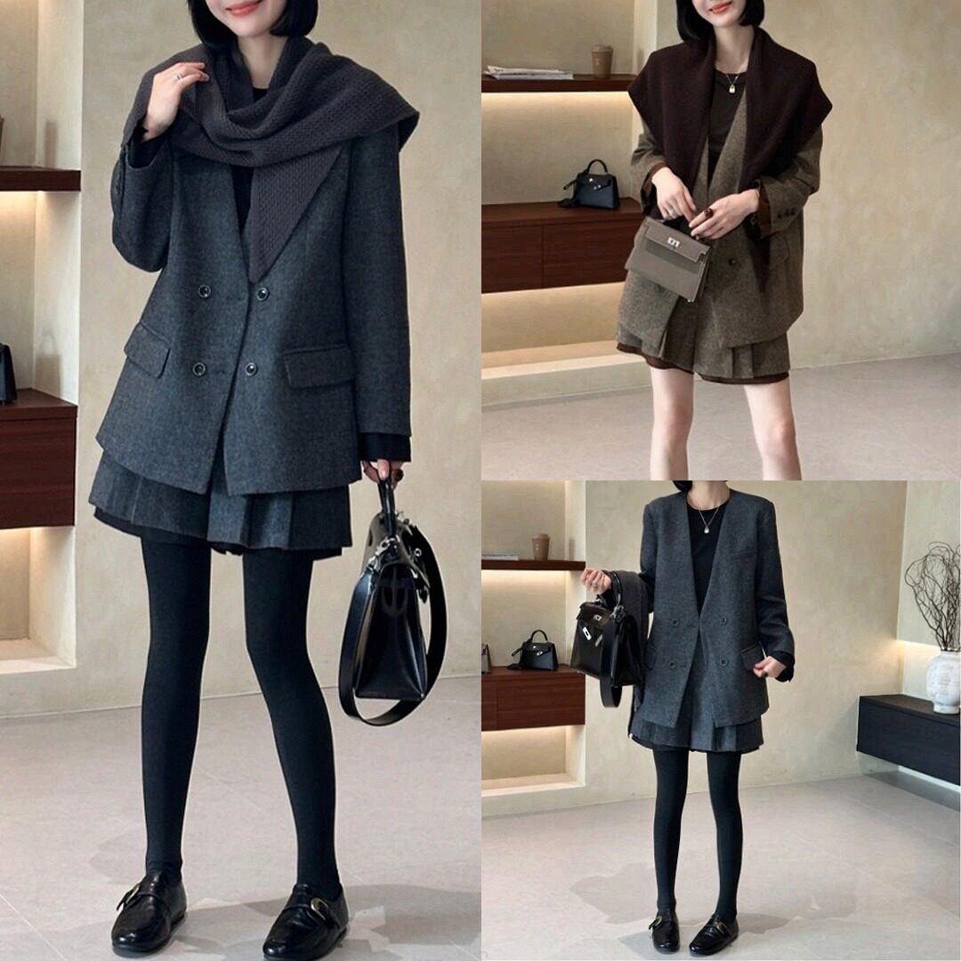 秋冬时尚气质感简约洋气女装披肩外套+短裙休闲通勤风三件套装