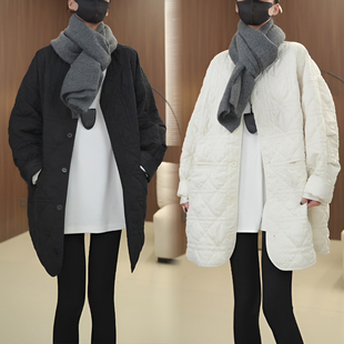 休闲百搭宽松棉衣工装 冬季 外套 棉服女中长款 日系复古菱格夹棉衬衫