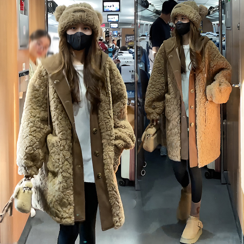 韩版假两件连帽羊羔毛外套女秋冬2026新款皮毛一体中长款毛毛大衣