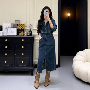 复古港风牛仔连衣裙女2026春秋新款法式高级感收腰显瘦中长款裙子