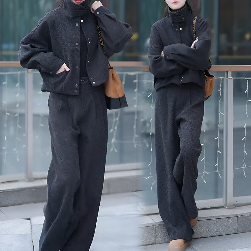 设计感立领毛呢外套上衣女2026秋冬新款韩系小个子加厚阔腿裤套装