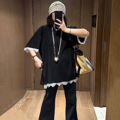 2026夏装搭配一整套圆领蕾丝拼接后背开叉上衣女微喇叭裤两件套装