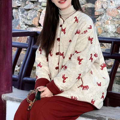 盘扣印花外套阔腿裤套装