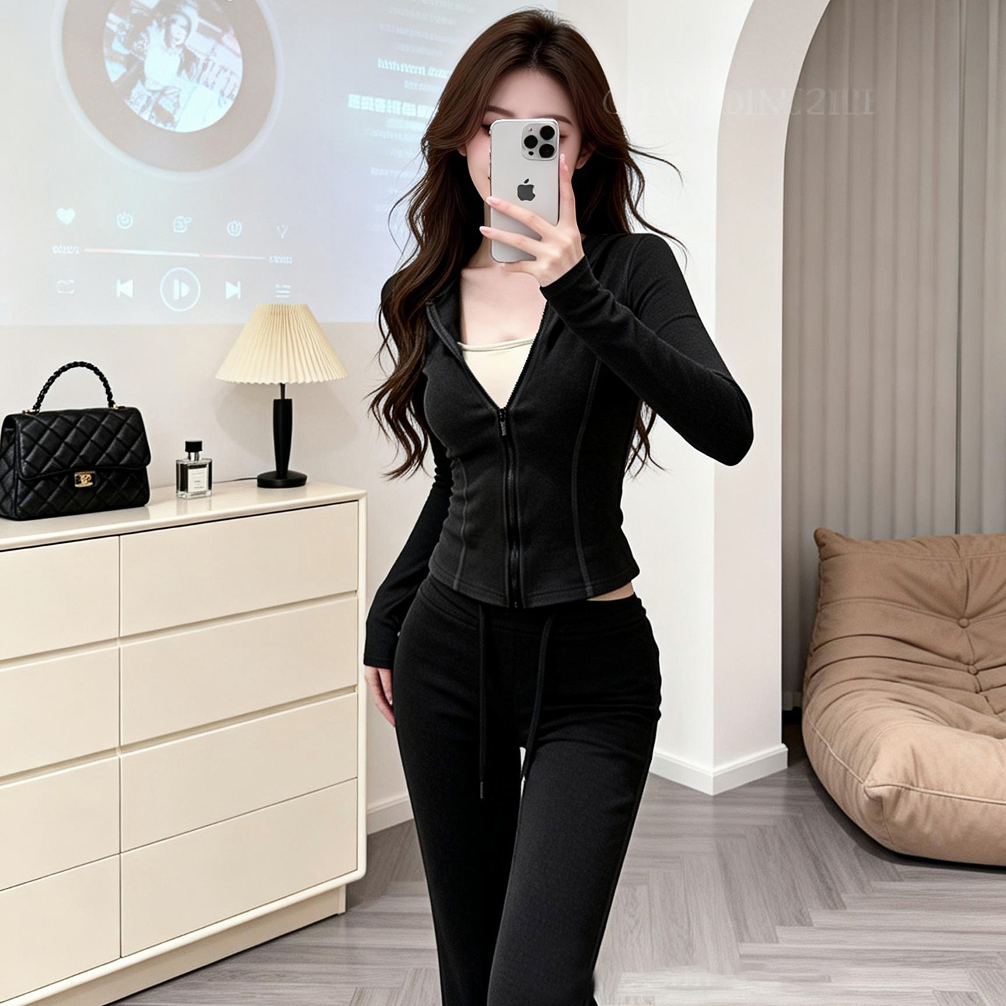 韩系高级感穿搭一整套女2026新款拉链上衣休闲阔腿长裤时尚两件套