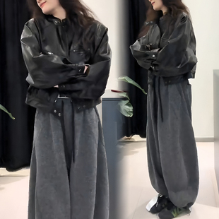 又酷又飒的韩系春秋穿搭高级感黑色短款皮衣外套阔腿裤两件套装女