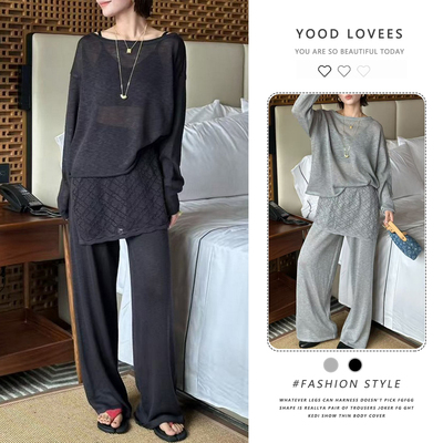 2026春秋新款韩系设计感温柔风套装简约针织上衣屁帘休闲裤两件套