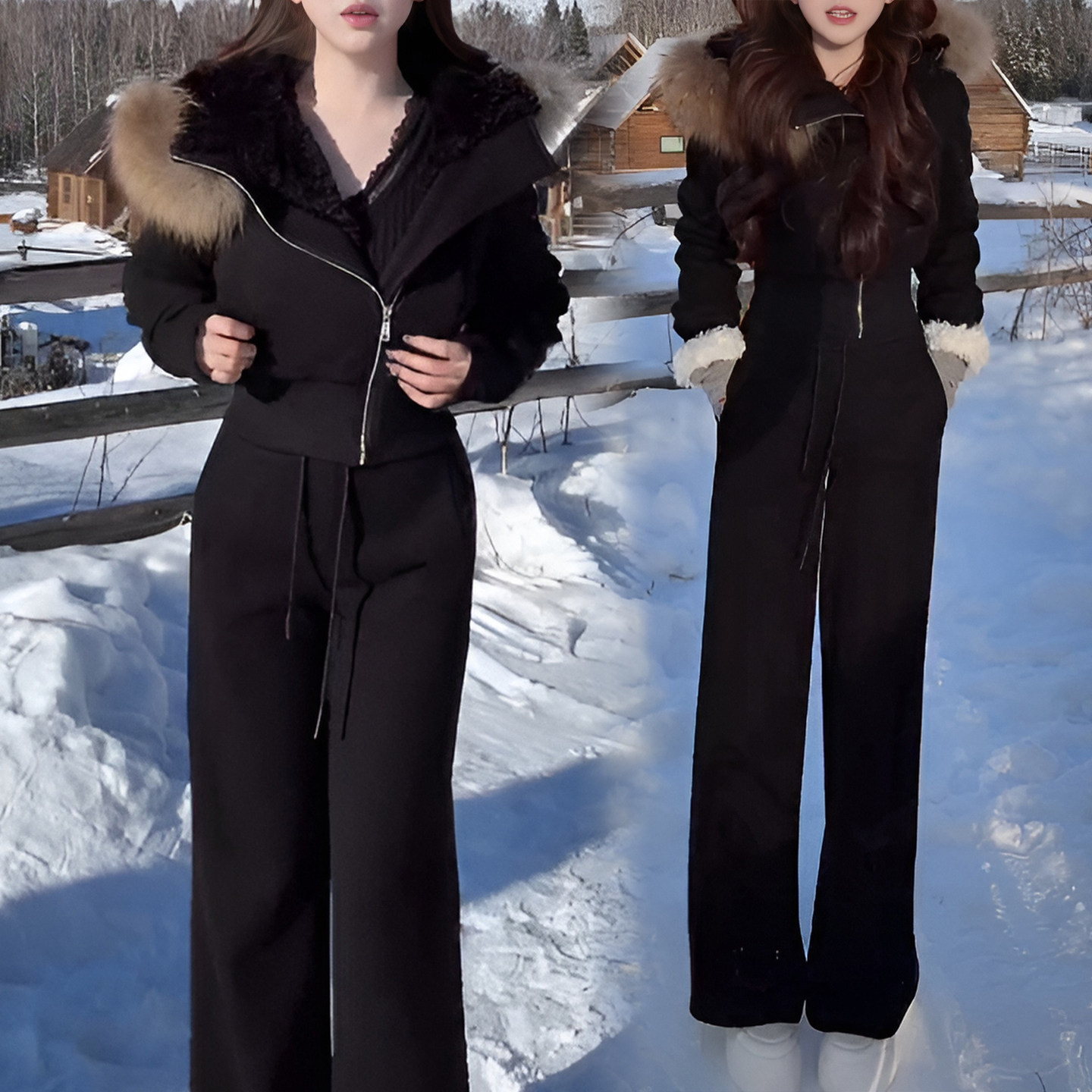 韩系慵懒风毛领连帽卫衣阔腿裤女2026秋冬季新款加绒显瘦休闲套装