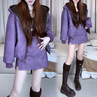 时尚洋气套装女2026冬季新款加绒加厚短款皮衣外套皮短裙两件套潮