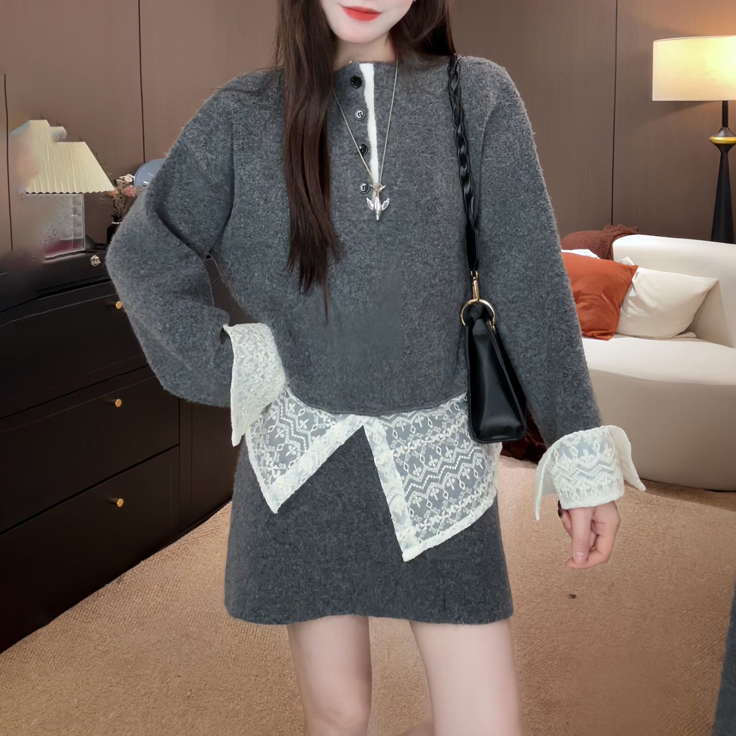 韩系时尚套装女冬季新款加绒加厚蕾丝拼接立领卫衣半身裙子两件套