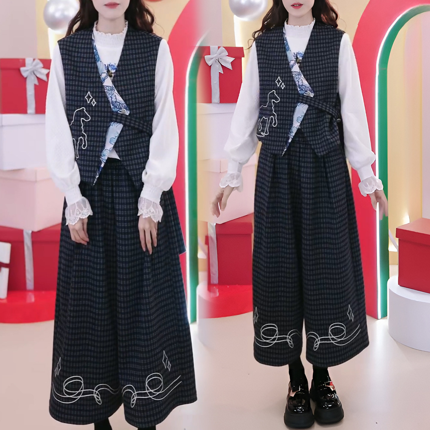 巨好看的春秋一整套ootd穿搭刺绣格子马甲套装打底衫阔腿裤三件套