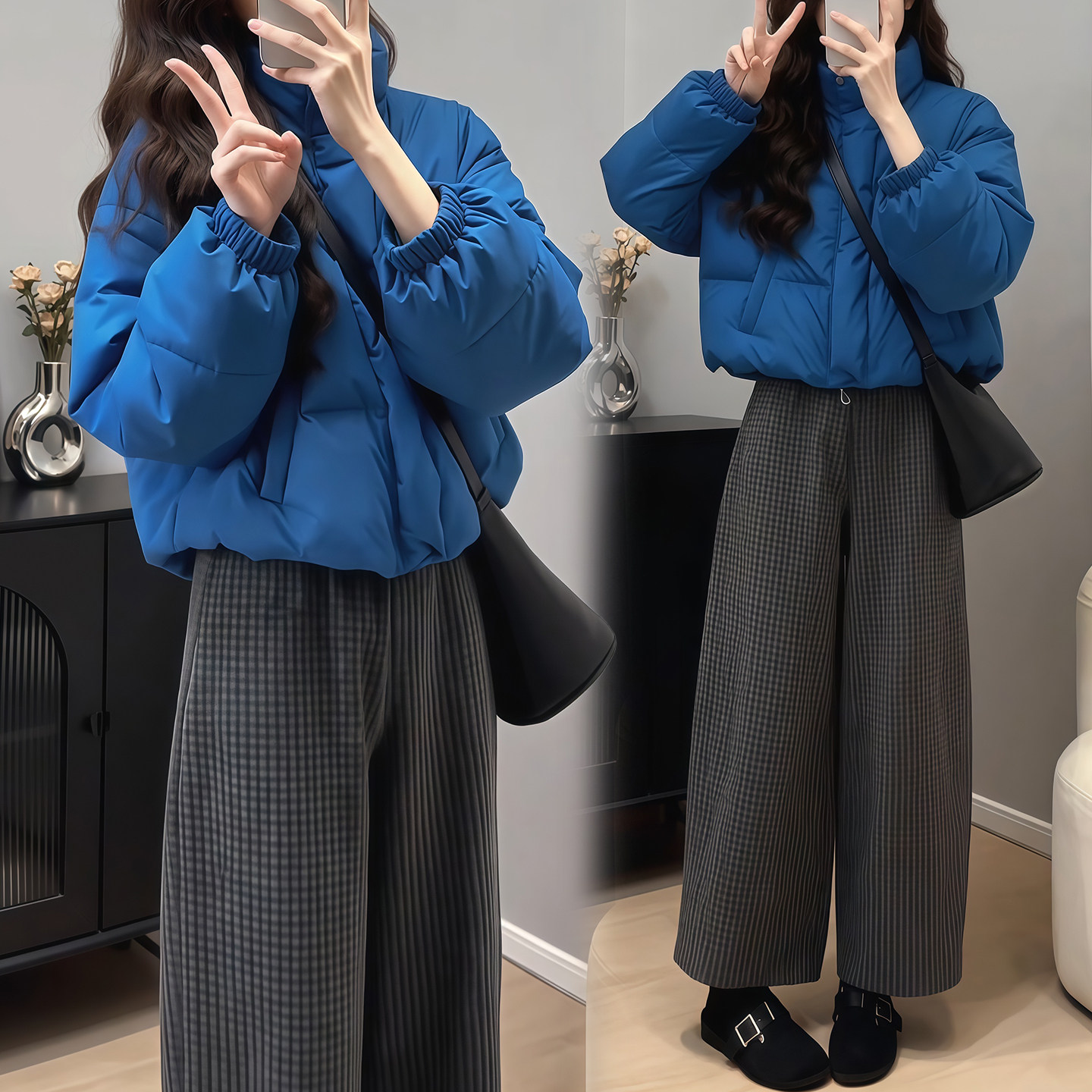 拼接短款棉服休闲格子长裤套装