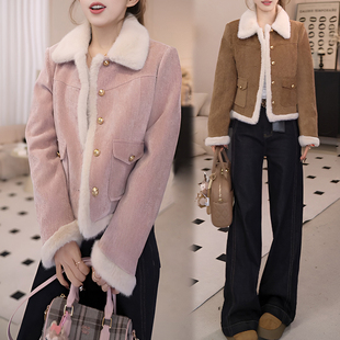 2026秋冬新款高级感毛毛翻领撞色拼接洋气加厚上衣优雅气质外套女