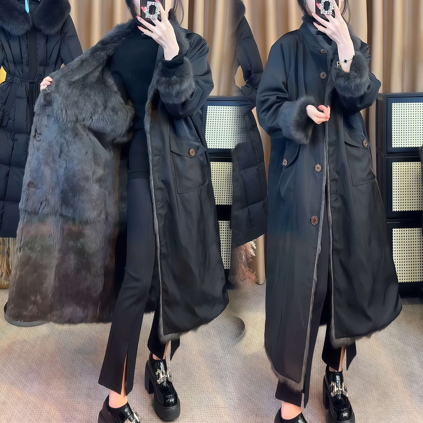 冬季新款毛毛中长款皮毛一体外套