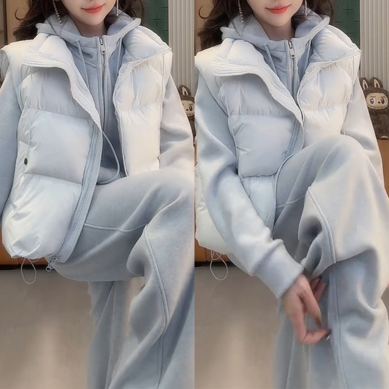 秋冬季穿搭一整套高级感超好看宽松马甲外套卫衣阔腿裤三件套女装