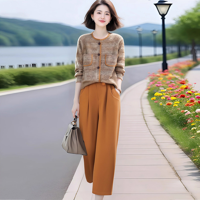 减龄气质休闲套装女时尚拼色圆领小香风针织开衫高腰阔腿裤两件套,女装/女士精品,时尚套装,淘宝优惠券,粉丝福利购,淘宝优惠卷