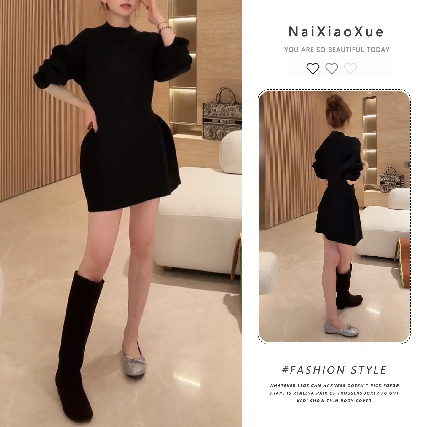 新款上新赫本风小黑裙千金感花苞长袖连衣裙时尚气质感洋气女装