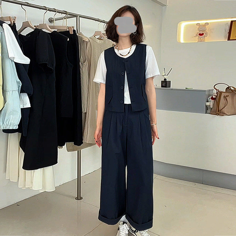 2025夏季新款森系穿搭小个子高级感马甲短袖T恤阔腿裤三件套装女