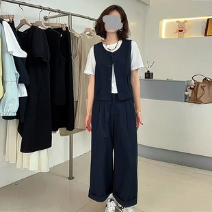 2025夏季新款森系穿搭小个子高级感马甲短袖T恤阔腿裤三件套装女