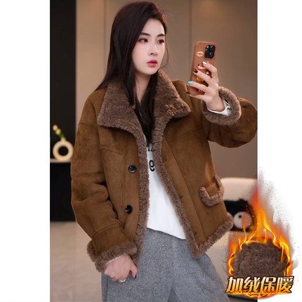 复古羊羔毛双面穿外套女秋冬季加绒加厚保暖宽松皮毛一体夹克上衣