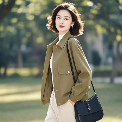2025春秋韩式新款小众不撞色绿色设计感短外套女个性百搭小众上衣