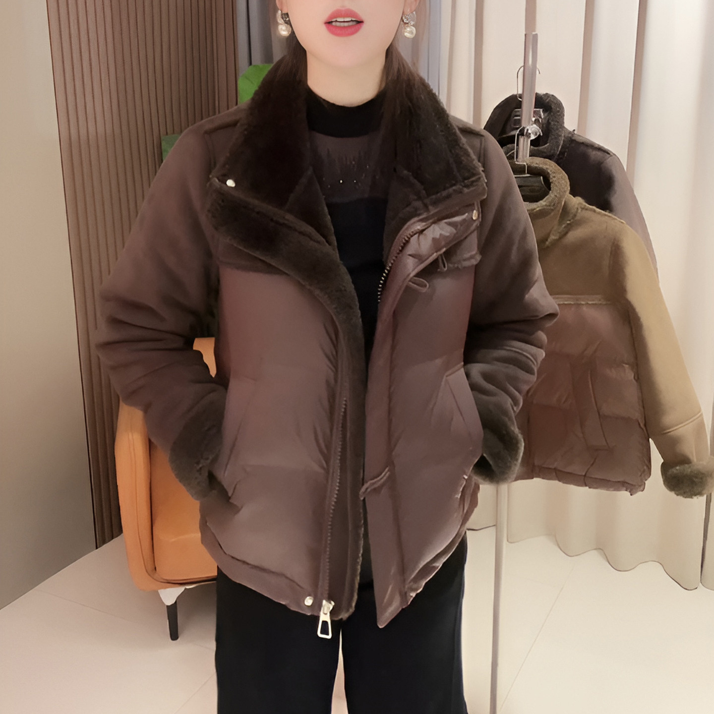 设计感皮毛一体立领拼接棉服女款2026冬季新款小个子面包服外套