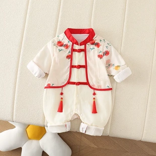 双层带里婴儿秋装中国风汉服女宝宝百天长袖石榴花假马甲加里哈衣