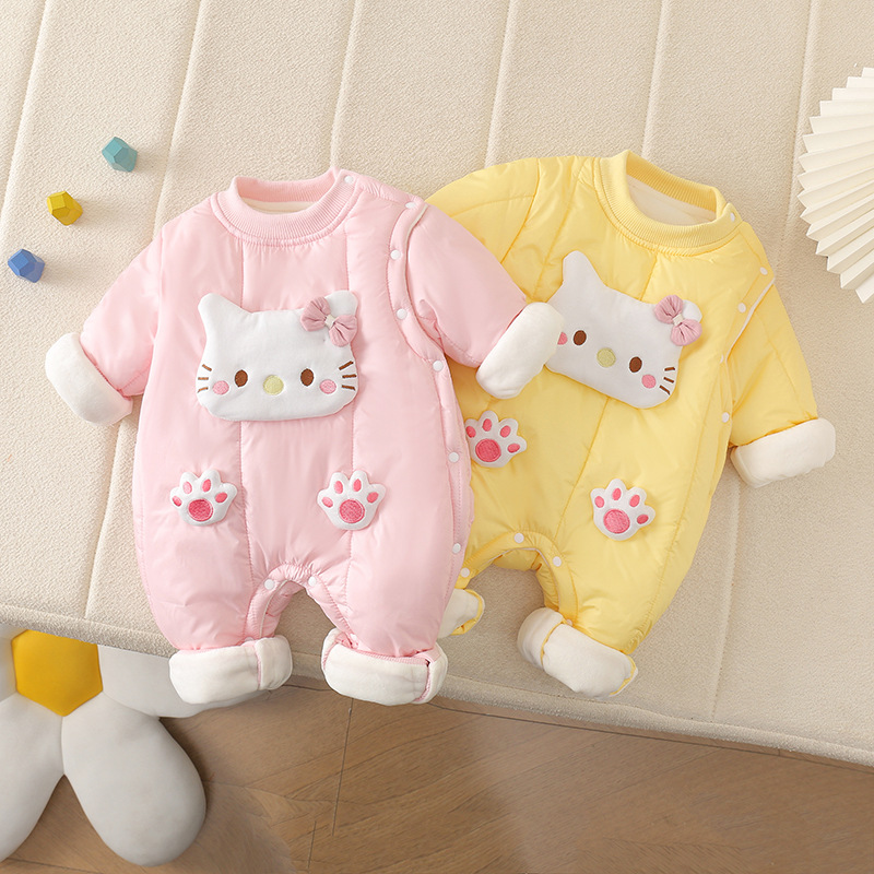 婴幼儿冬季保暖卡通可爱猫咪连体衣秋冬斜襟肩扣偏开超萌薄棉哈衣