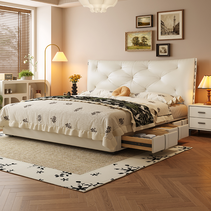 馨佰利真皮床法式奶油风储物功能