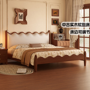 馨佰利实木床主卧1米8双人床2026新款中古风卧室家具复古婚床木床
