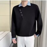 【网59】2525假两件撞色拼接衬衫领长袖T恤男款A079-D640-P43，男装T恤，电商A079