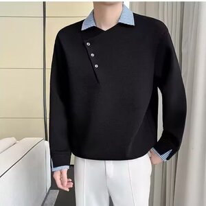 【网59】2525假两件撞色拼接衬衫领长袖T恤男款A079-D640-P43图片