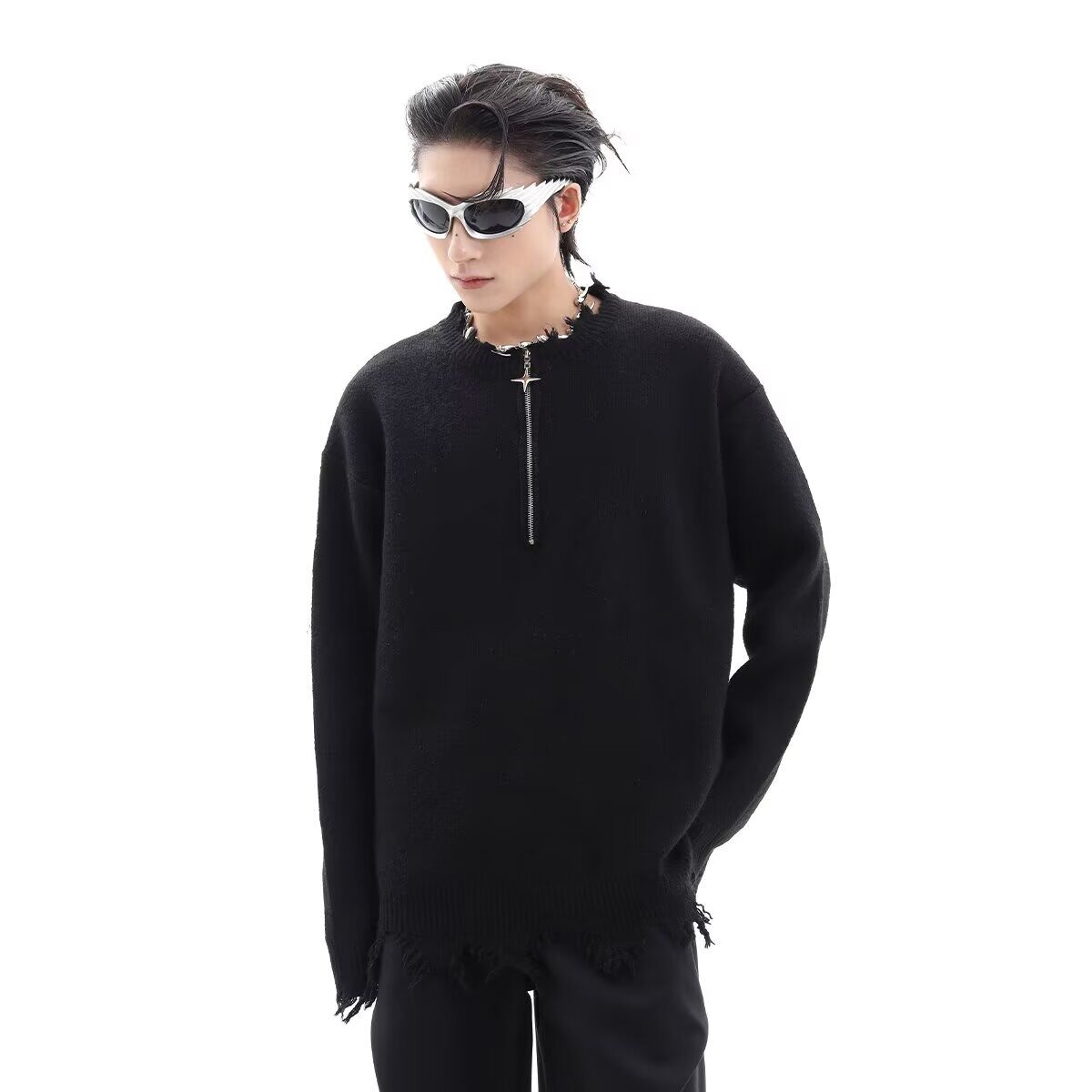 【网59】破坏毛衣男时尚痞帅宽松情侣毛边针织衫A079--M29-P47图片