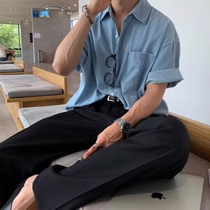 [006]水洗牛仔衬衫男短袖休闲工装口袋蓝色衬衣A079-C917-P45图片