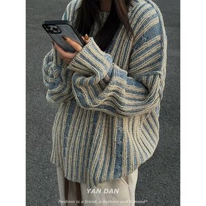 【网116】拼色竖条纹圆领针织衫男女宽松冬季A079-BX038-P45图片